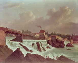 La primera fábrica de algodón en América, establecida por Samuel Slater en el río Blackstone en Pawtucket, Rhode Island, c.1790